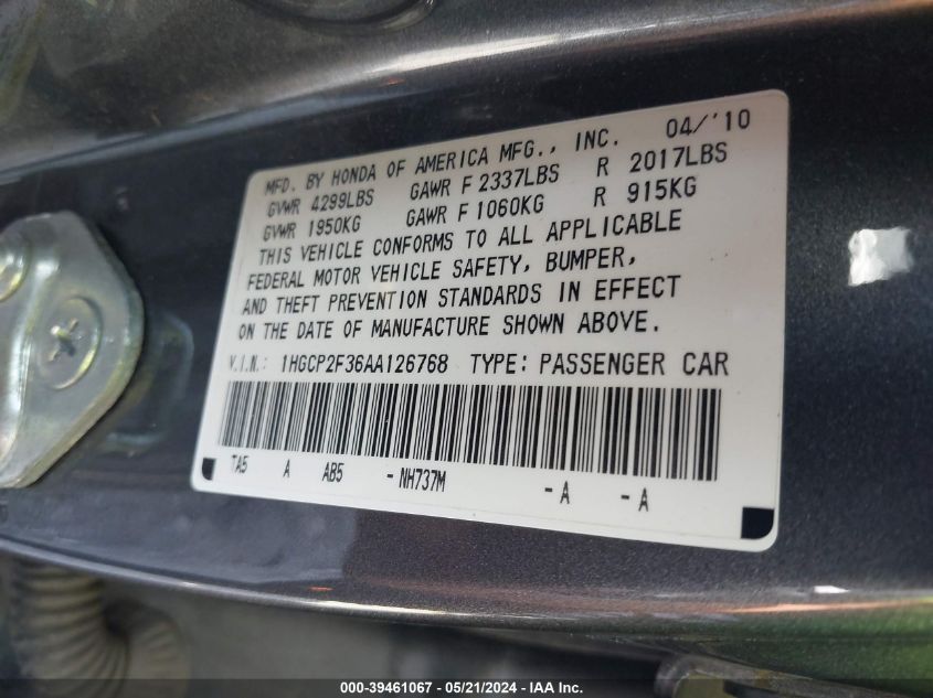 2010 Honda Accord 2.4 Lx VIN: 1HGCP2F36AA126768 Lot: 39461067