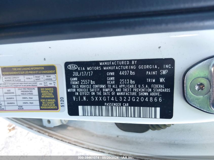 2018 Kia Optima Lx VIN: 5XXGT4L32JG204866 Lot: 39461074
