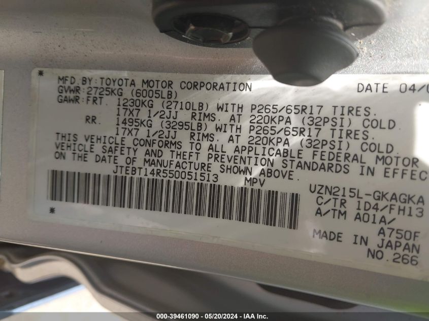 2005 Toyota 4Runner Sr5 Sport V8 VIN: JTEBT14R550051513 Lot: 39461090