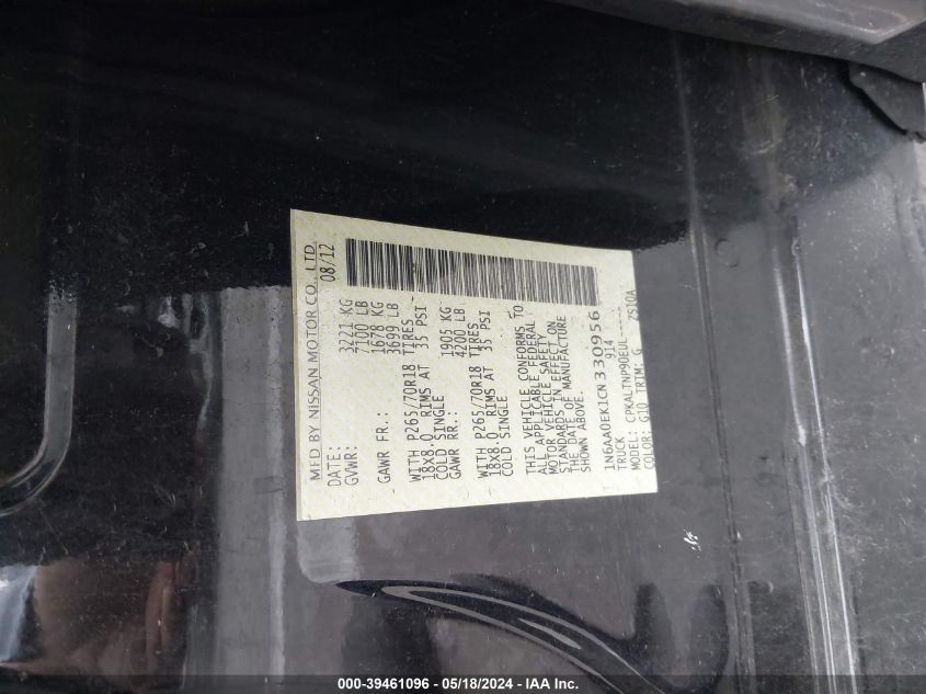 2012 Nissan Titan Sv VIN: 1N6AA0EK1CN330956 Lot: 39461096