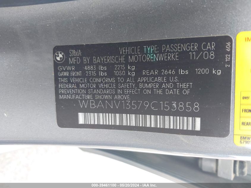 2009 BMW 528I xDrive VIN: WBANV13579C153858 Lot: 39461100
