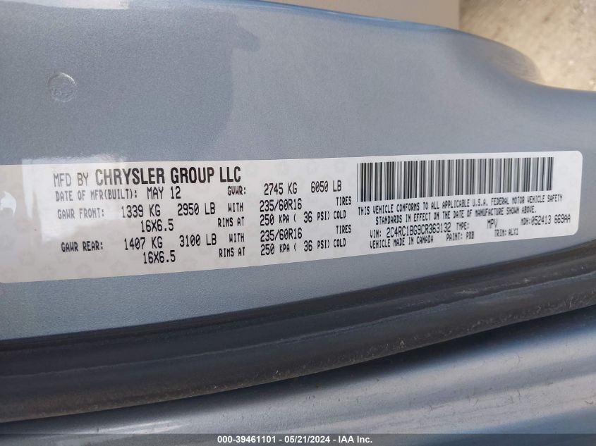 2012 Chrysler Town & Country Touring VIN: 2C4RC1BG9CR363132 Lot: 39461101