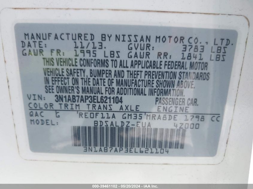 2014 Nissan Sentra Sv VIN: 3N1AB7AP3EL621104 Lot: 39461102