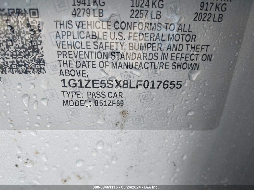 2020 Chevrolet Malibu Fwd Premier VIN: 1G1ZE5SX8LF017655 Lot: 39461116