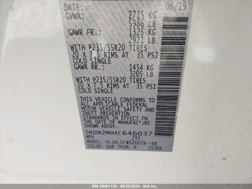 2019 Nissan Pathfinder Platinum VIN: 5N1DR2MNXKC646037 Lot: 39461120