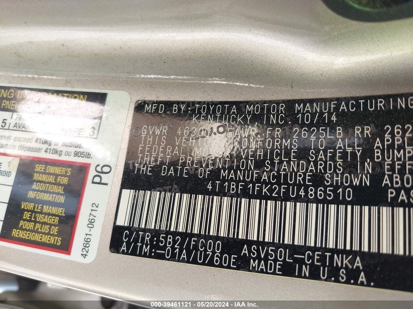 2015 TOYOTA CAMRY LE/XLE/SE/XSE - 4T1BF1FK2FU486510