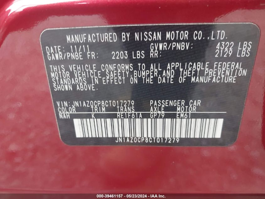 2012 Nissan Leaf Sl VIN: JN1AZ0CP8CT017279 Lot: 39461157