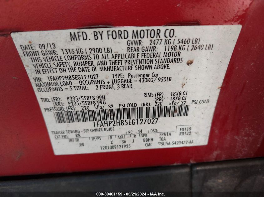 2014 Ford Taurus Sel VIN: 1FAHP2H85EG127027 Lot: 39461159