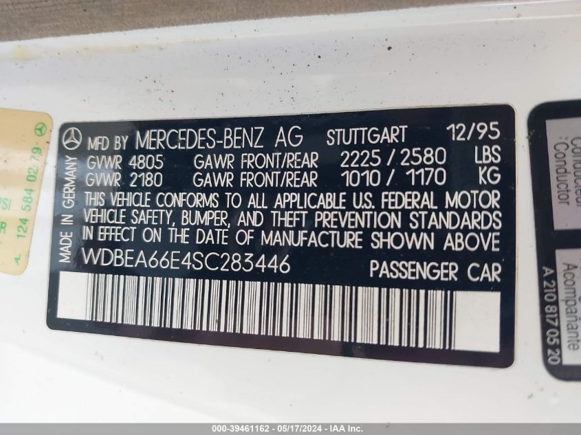 1995 Mercedes-Benz E 320 VIN: WDBEA66E4SC283446 Lot: 39461162