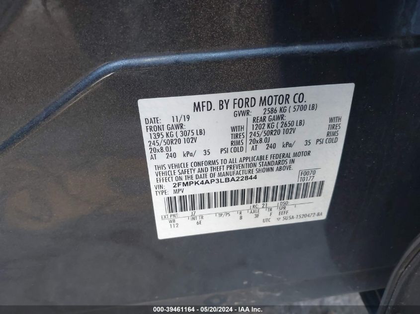 2020 Ford Edge St VIN: 2FMPK4AP3LBA22844 Lot: 39461164