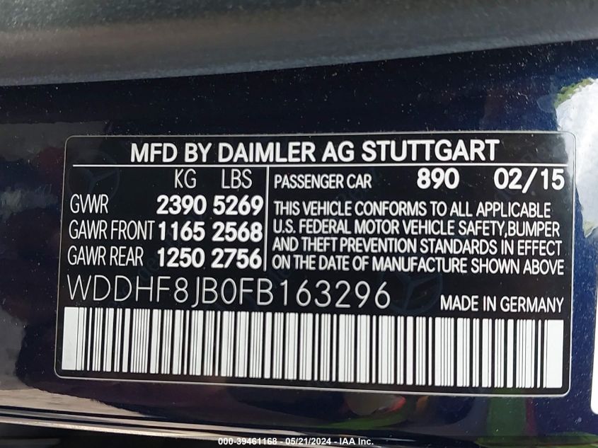 2015 Mercedes-Benz E 350 4Matic VIN: WDDHF8JB0FB163296 Lot: 39461168