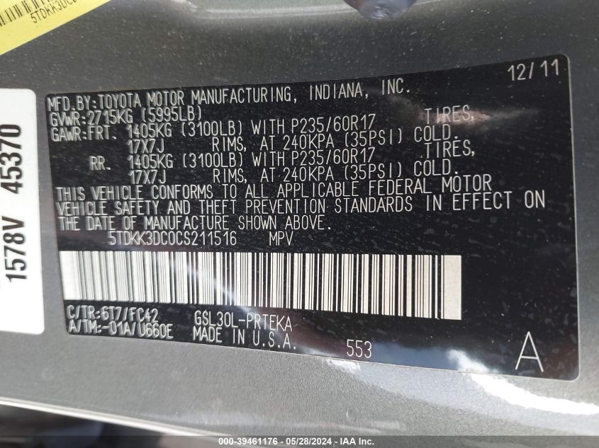 2012 Toyota Sienna Le V6 8 Passenger VIN: 5TDKK3DC0CS211516 Lot: 39461176