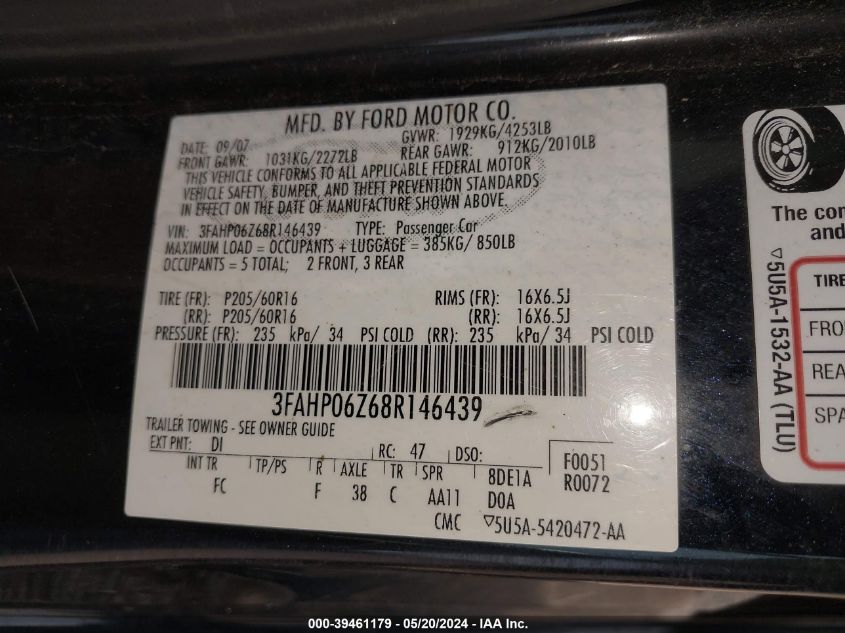 2008 Ford Fusion S VIN: 3FAHP06Z68R146439 Lot: 39461179