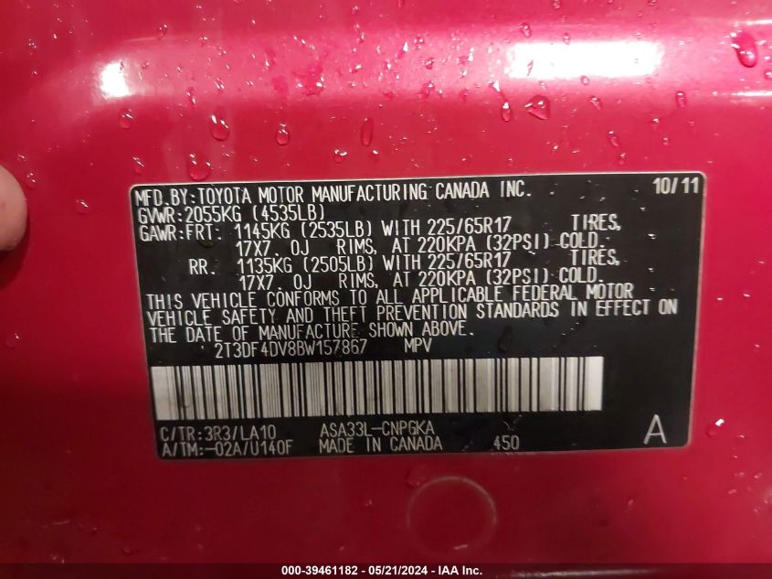 2011 Toyota Rav4 Limited VIN: 2T3DF4DV8BW157867 Lot: 39461182