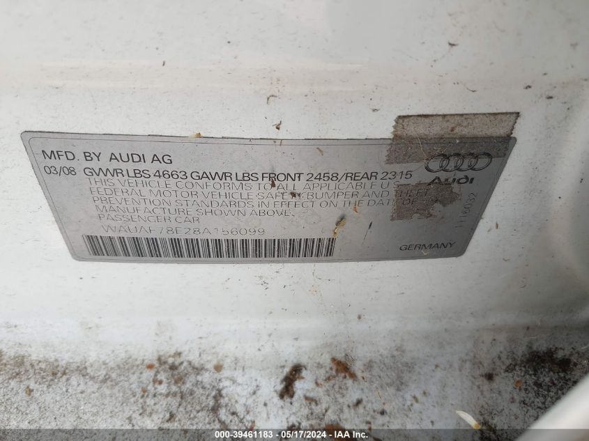 2008 Audi A4 2.0T/2.0T Special Edition VIN: WAUAF78E28A156099 Lot: 39461183