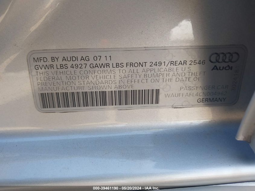 2012 Audi A4 2.0T Premium VIN: WAUFFAFL4CN004962 Lot: 39461190