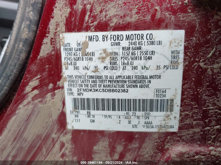 2013 Ford Edge Limited VIN: 2FMDK3KC5DBB02382 Lot: 39461194