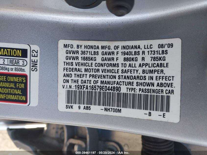 2009 Honda Civic Lx VIN: 19XFA16579E044890 Lot: 39461197