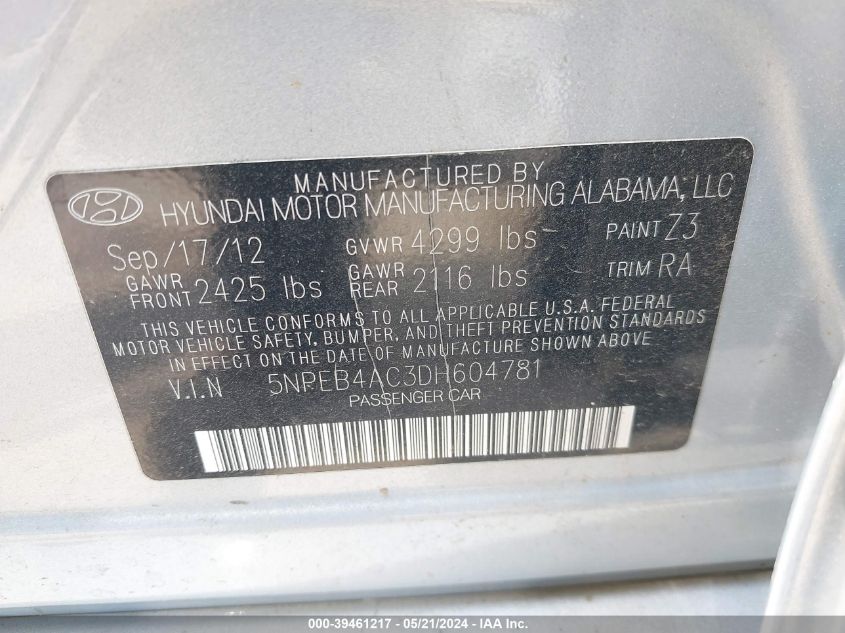 2013 Hyundai Sonata Gls VIN: 5NPEB4AC3DH604781 Lot: 39461217