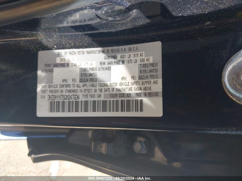 2016 Mazda Mazda3 I Touring VIN: 3MZBM1M75GM247934 Lot: 39461222