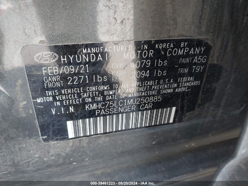 KMHC75LC1MU250885 2021 Hyundai Ioniq Hybrid Se