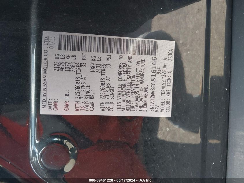 2015 Nissan Rogue Sl VIN: 5N1AT2MV3FC816166 Lot: 39461228