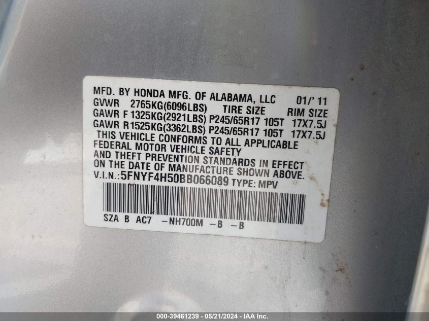 2011 Honda Pilot Ex-L VIN: 5FNYF4H50BB066089 Lot: 39461239