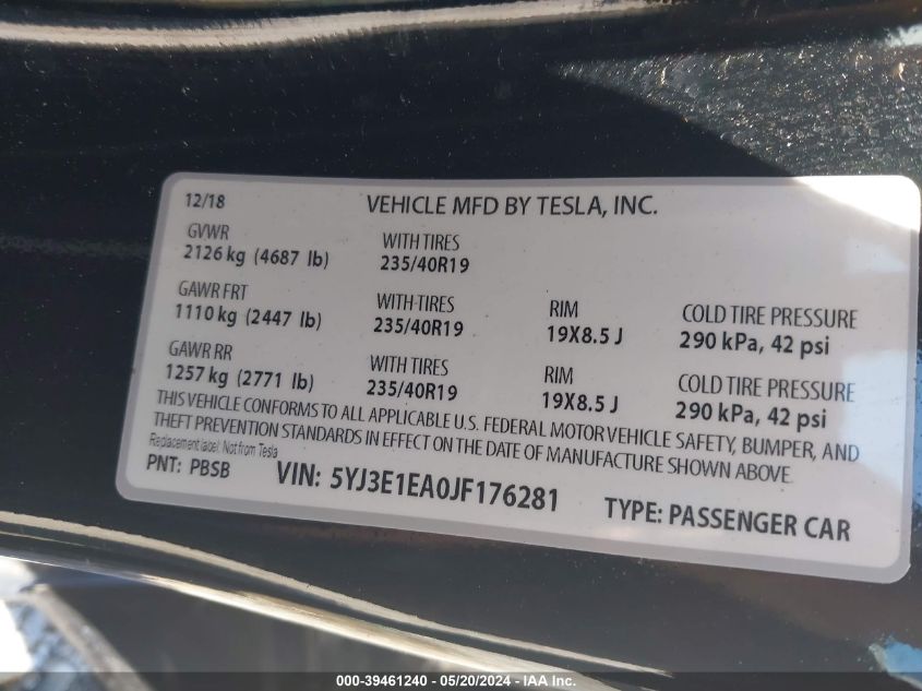 2018 Tesla Model 3 Long Range/Mid Range VIN: 5YJ3E1EA0JF176281 Lot: 39461240