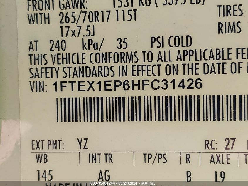 2017 Ford F-150 Xl VIN: 1FTEX1EP6HFC31426 Lot: 39461244