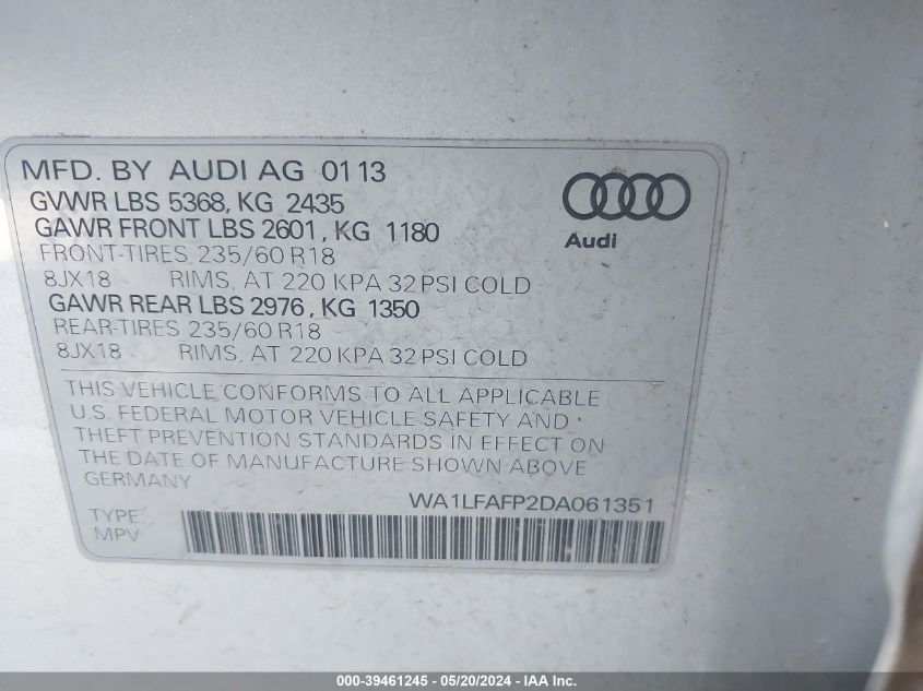 2013 Audi Q5 2.0T Premium VIN: WA1LFAFP2DA061351 Lot: 39461245