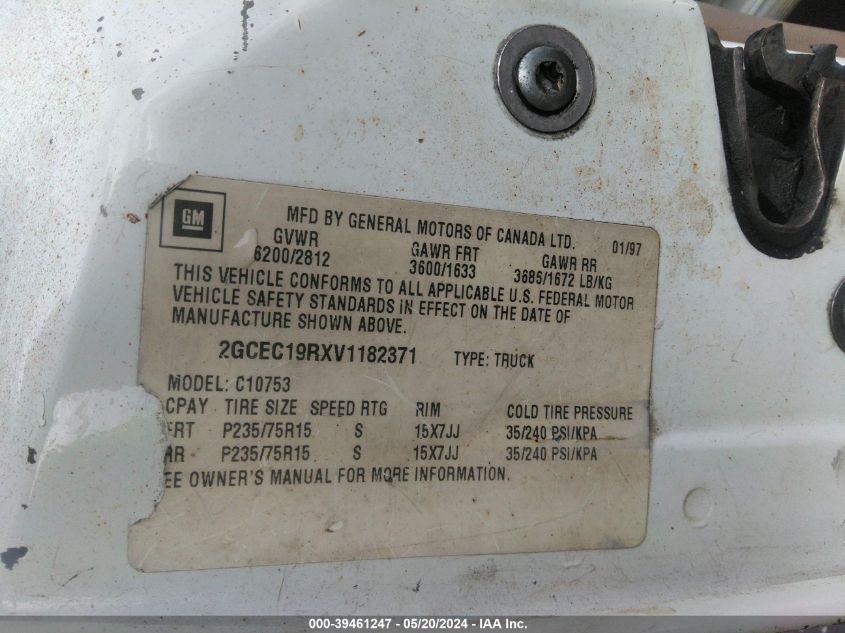 1997 Chevrolet C1500 Fleetside VIN: 2GCEC19RXV1182371 Lot: 39461247