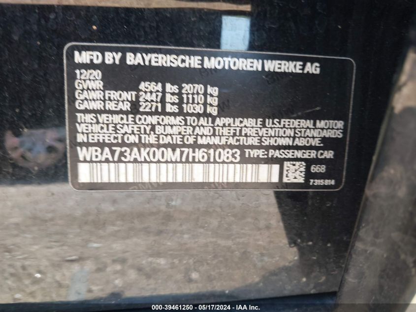 2021 BMW 228I Gran Coupe xDrive VIN: WBA73AK00M7H61083 Lot: 39461250