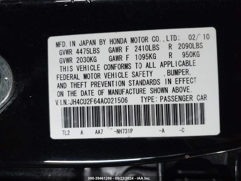 JH4CU2F64AC021506 2010 Acura Tsx 2.4