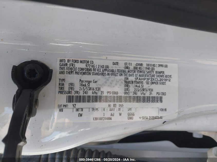 2012 Ford Focus Se VIN: 1FAHP3F2XCL201812 Lot: 39461266