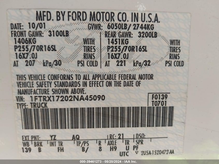 2002 Ford F-150 Xl/Xlt VIN: 1FTRX17202NA45090 Lot: 39461273