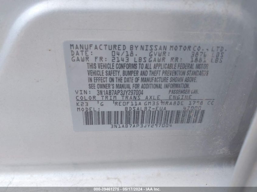 2018 Nissan Sentra S VIN: 3N1AB7AP3JY297004 Lot: 39461275