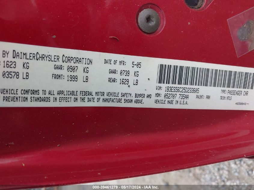 2005 Dodge Neon Sxt VIN: 1B3ES56C25D233605 Lot: 41997427