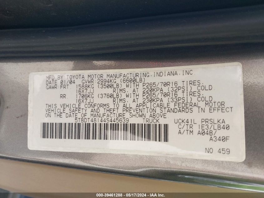 2004 Toyota Tundra Limited V8 VIN: 5TBDT48144S445639 Lot: 39461288