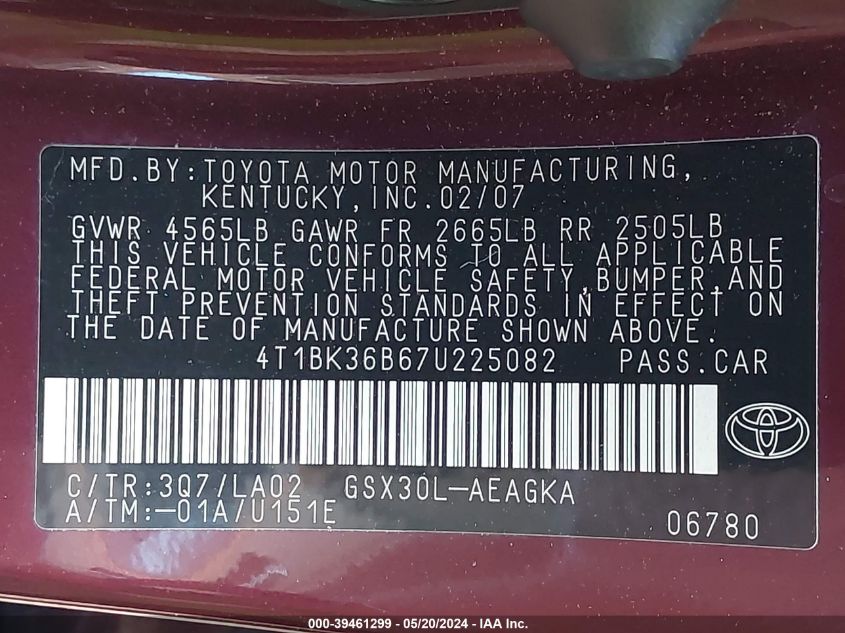 2007 Toyota Avalon Xl/Xls/Touring/Limited VIN: 4T1BK36B67U226082 Lot: 39461299