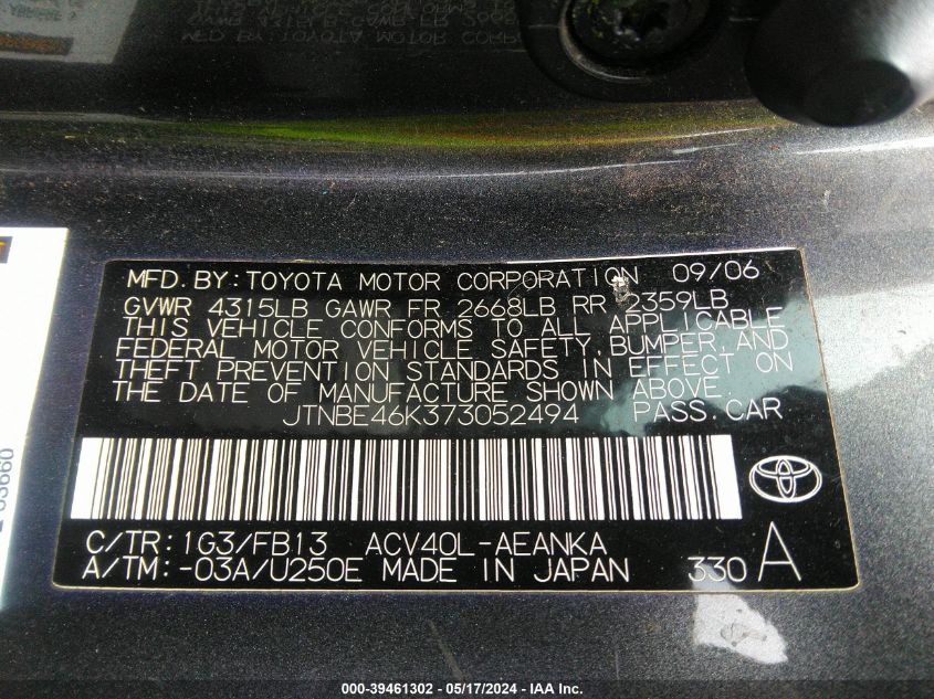 2007 Toyota Camry Le VIN: JTNBE46K373052494 Lot: 39461302