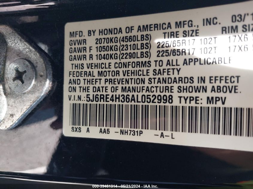 2010 Honda Cr-V Lx VIN: 5J6RE4H36AL052998 Lot: 39461314
