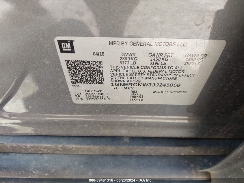 2018 Chevrolet Traverse 1Lt VIN: 1GNERGKW3JJ245058 Lot: 39461316