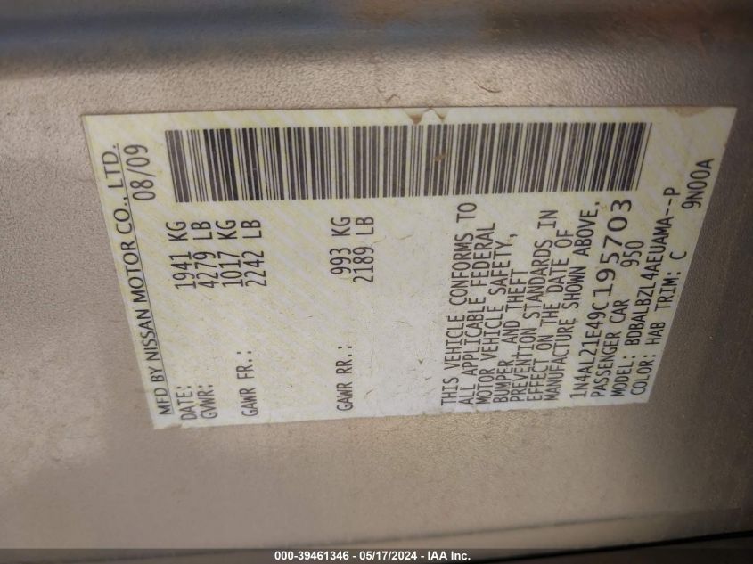 2009 Nissan Altima 2.5 S VIN: 1N4AL21E49C195703 Lot: 39461346