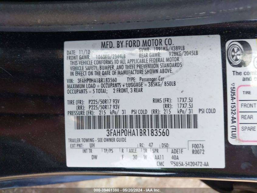 2011 Ford Fusion Se VIN: 3FAHP0HA1BR183560 Lot: 39461380