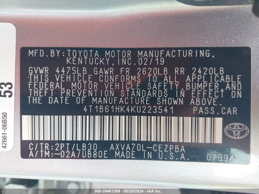 2019 Toyota Camry Xse VIN: 4T1B61HK4KU223541 Lot: 39461389