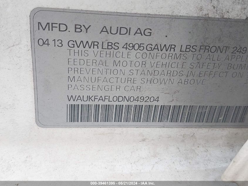 2013 Audi A4 2.0T Premium VIN: WAUKFAFL0DN049204 Lot: 39461395