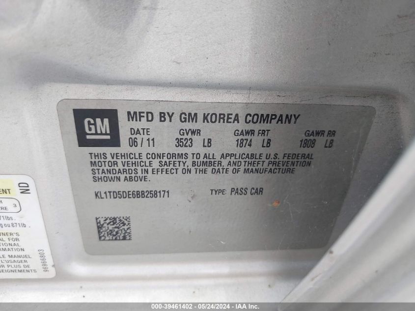 2011 Chevrolet Aveo 1Lt VIN: KL1TD5DE6BB258171 Lot: 39461402