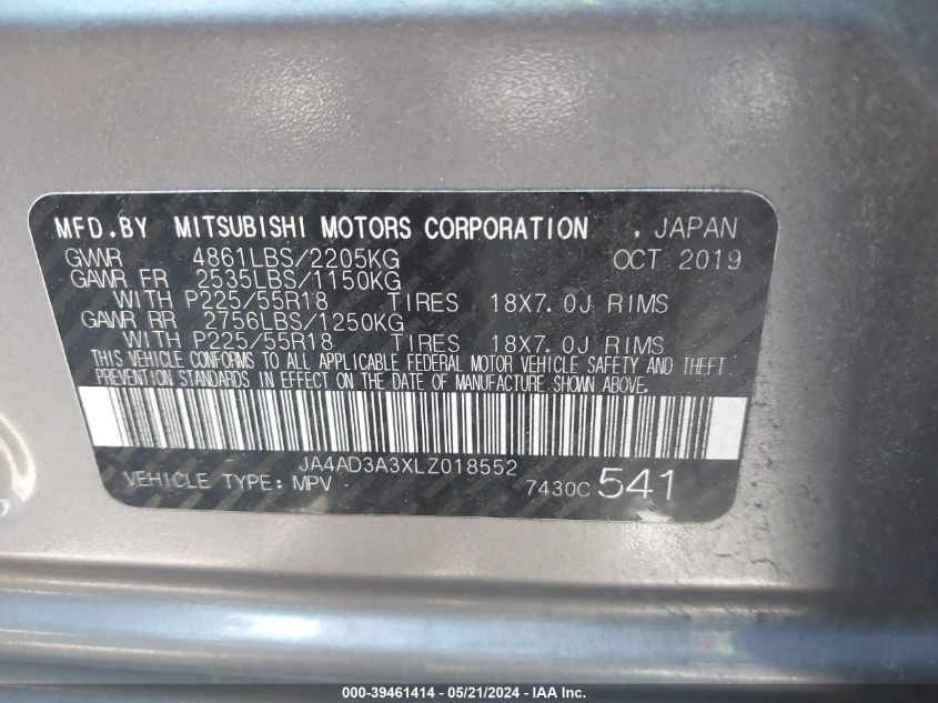 2020 Mitsubishi Outlander Se 2.4 VIN: JA4AD3A3XLZ018552 Lot: 39461414