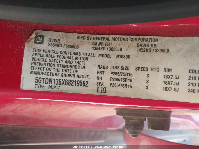 2006 Hummer H3 Suv VIN: 5GTDN136X68219592 Lot: 39461419