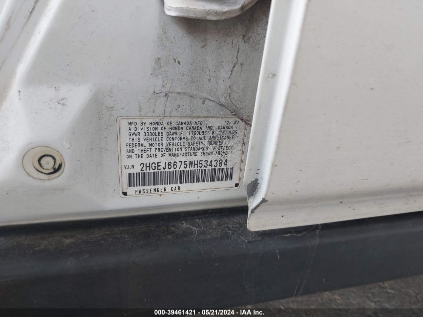 1998 Honda Civic Lx VIN: 2HGEJ6675WH534384 Lot: 39461421